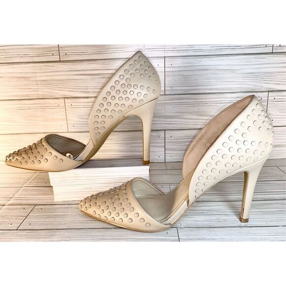 French Connection Forever Beige Studded Vegan Leather Heels S:8 - Picture 2 of 9
